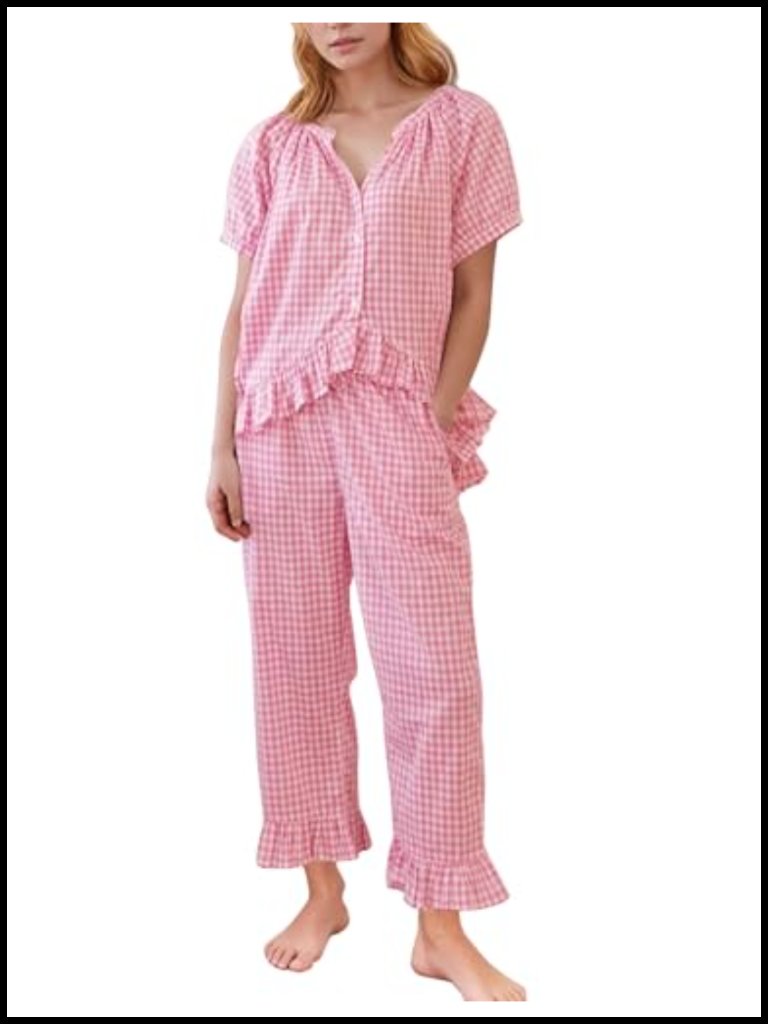 Women's Plaid 2 Piece Pajama Set Button Down Babydoll Top Ruffle Pants Lounge